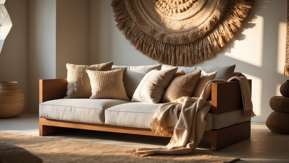 Living room drenched in natural light, casting shadows from the sun. Handcrafted products, textiles, rugs, and home decor.
